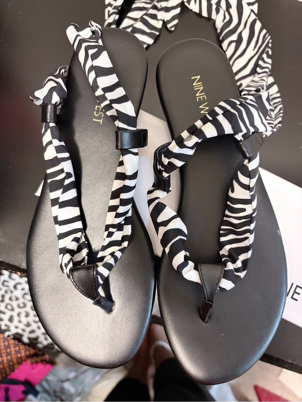 Nine West Black & White Zebra Wrap Toe-Ring Sandals